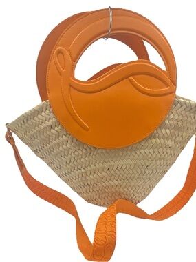 Christian Louboutin Bilumoon Orange Straw and Leather Circle Handle  Bag